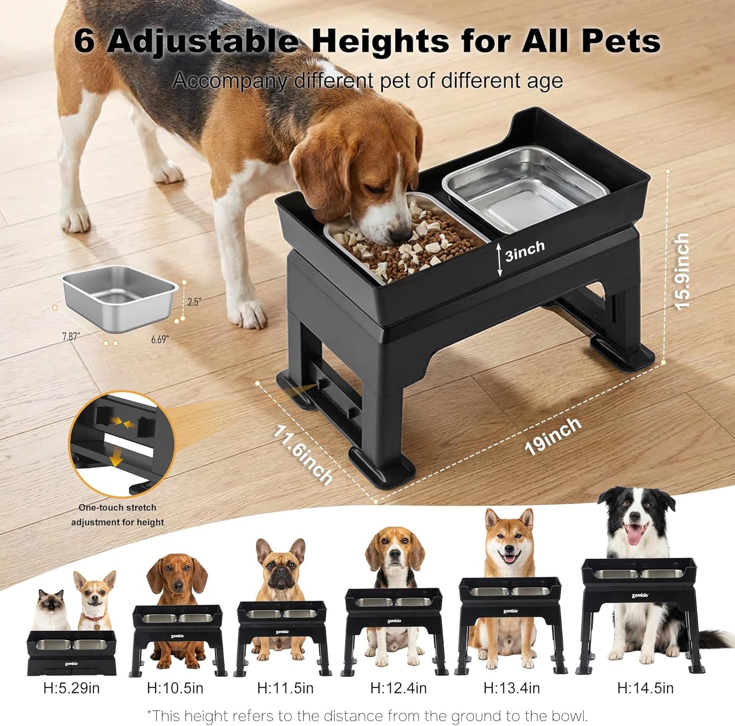3-In-1 Elevated Dog Bowls - 6 Height Adjustable Raised Dog Bowl Stand, Double Deck Design Mess Proof, Feeding Station with 2 Stainless Steel Bowls & Licking Plate for Small Medium Large Pets