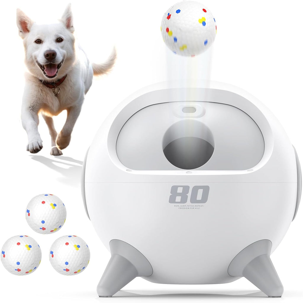 Automatic Ball Launcher for Dogs with Obstacle Detection, 20Ft-80Ft Adjustable Distances Ball Thrower Launcher for Medium & Large Dogs, with 4 Balls (2.5 Inches)