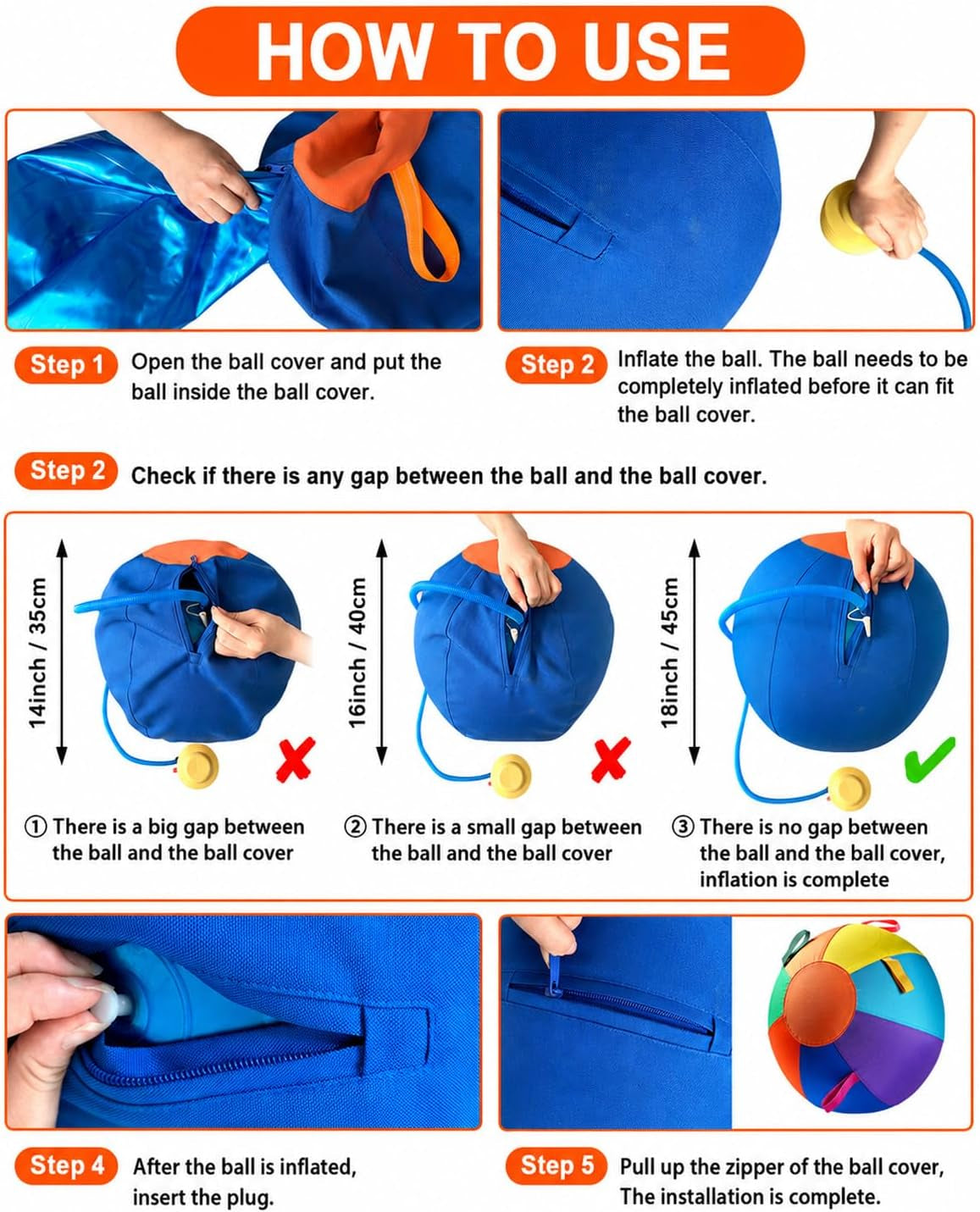 10/18/22" Herding Ball for Dogs Durable Tear Resistant Inflatable Jumbo Calming Toy Heavy Duty Handle Cover Pump Outdoor Play Exercise Training Large Breeds Border Collie Cattle Dog Waterproof (22IN)