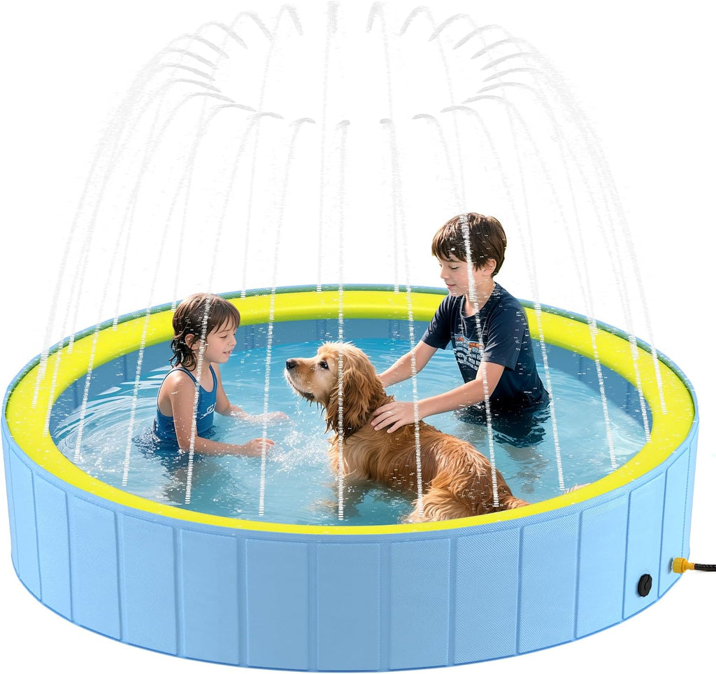 Foldable Dog Pool with Sprinkler for Large Dogs, Portable Hard Plastic PVC Pet Bathing Tub, Outdoor Collapsible Swimming Pool for Pets, 120'' X 20''