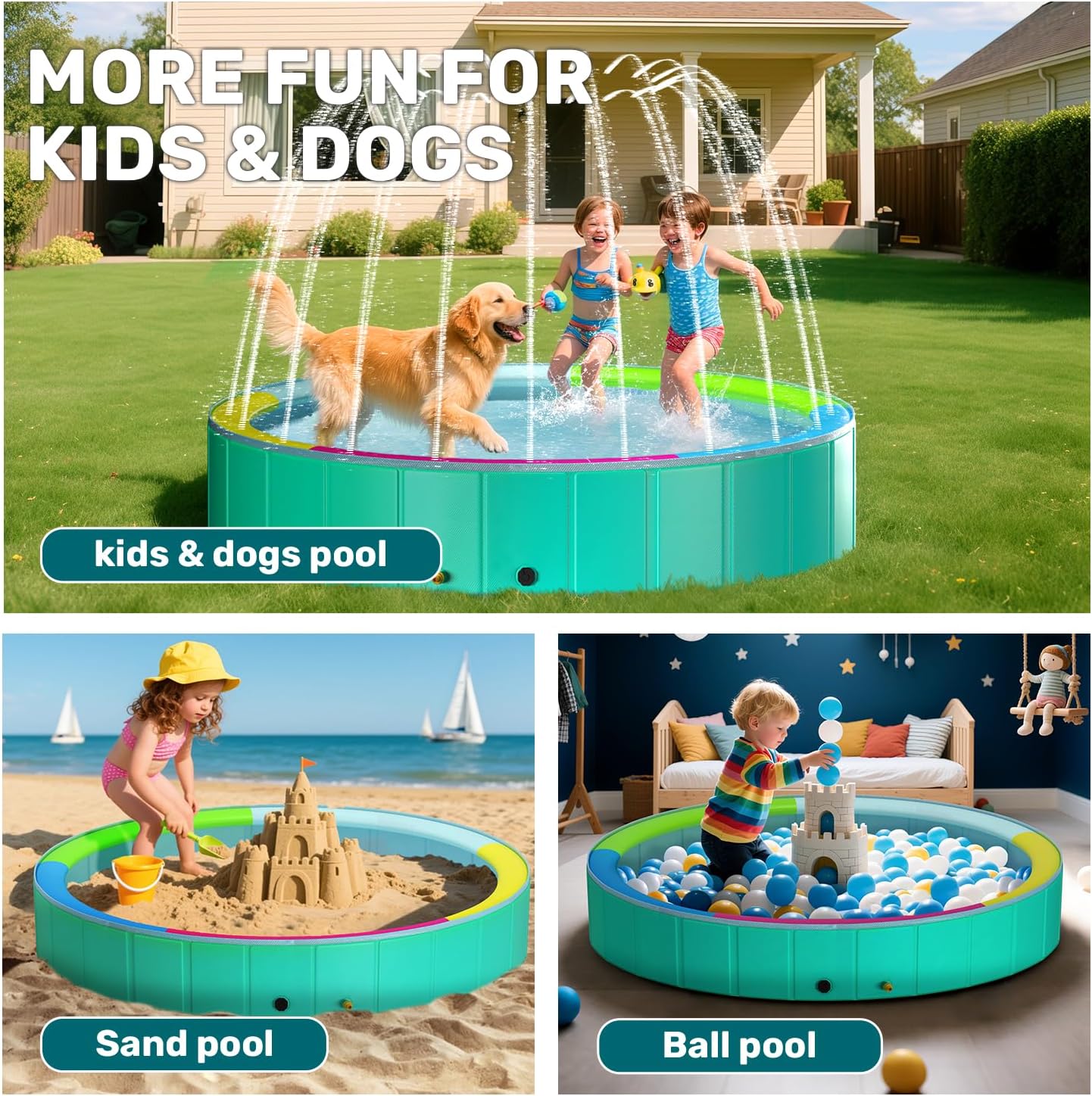Foldable Dog Pool with Sprinkler for Large Dogs, Portable Hard Plastic PVC Pet Bathing Tub, Outdoor Collapsible Swimming Pool for Pets, 120'' X 20''