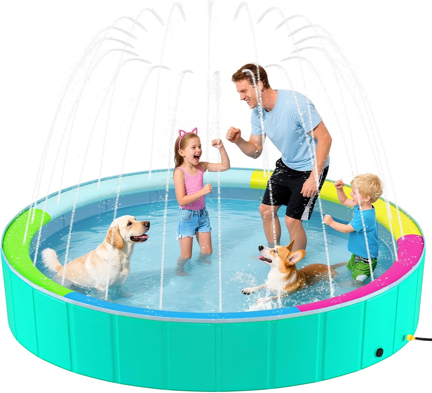 Foldable Dog Pool with Sprinkler for Large Dogs, Portable Hard Plastic PVC Pet Bathing Tub, Outdoor Collapsible Swimming Pool for Pets, 120'' X 20''