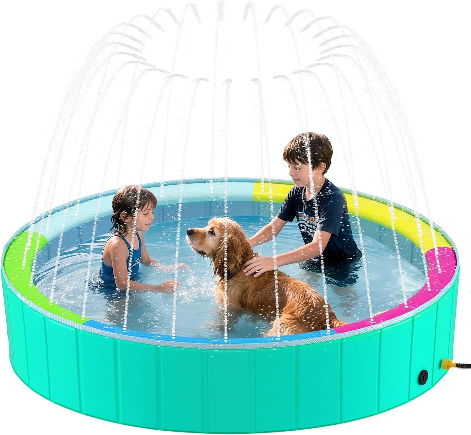 Foldable Dog Pool with Sprinkler for Large Dogs, Portable Hard Plastic PVC Pet Bathing Tub, Outdoor Collapsible Swimming Pool for Pets, 120'' X 20''