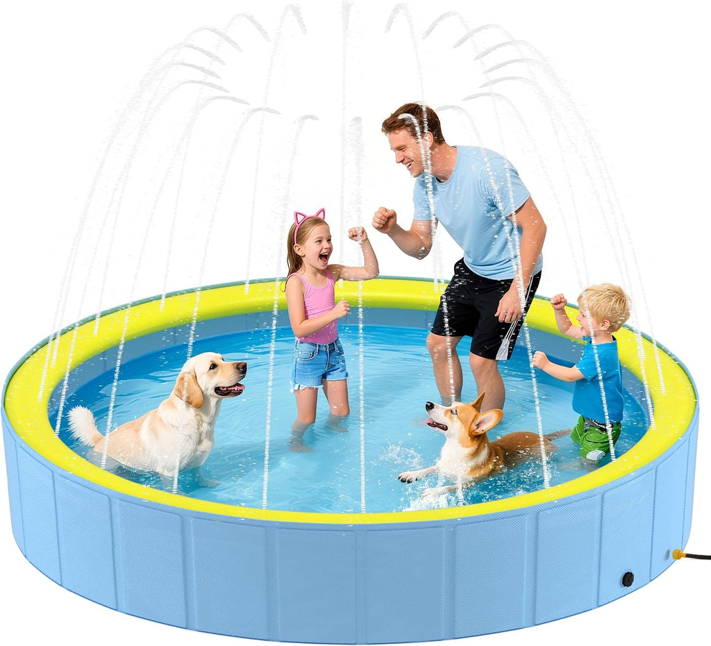 Foldable Dog Pool with Sprinkler for Large Dogs, Portable Hard Plastic PVC Pet Bathing Tub, Outdoor Collapsible Swimming Pool for Pets, 120'' X 20''