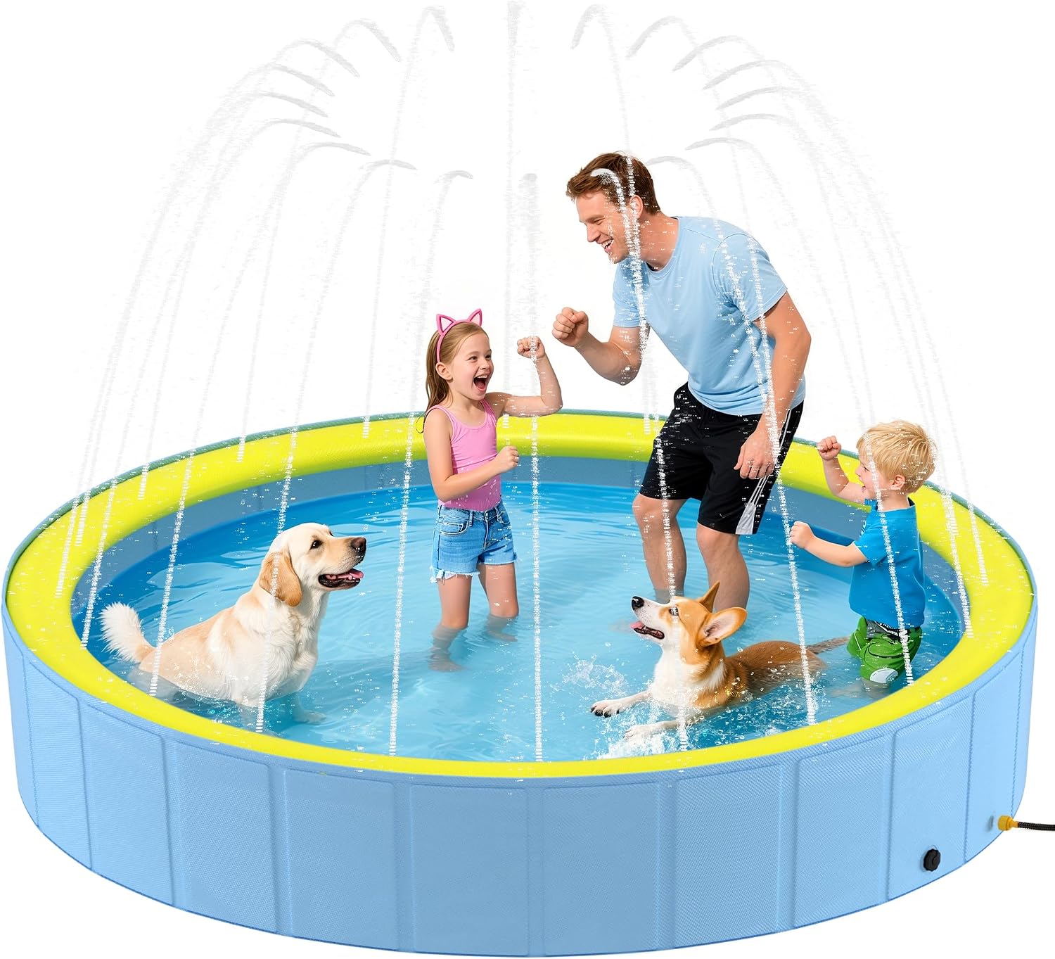 Foldable Dog Pool with Sprinkler for Large Dogs, Portable Hard Plastic PVC Pet Bathing Tub, Outdoor Collapsible Swimming Pool for Pets, 120'' X 20''