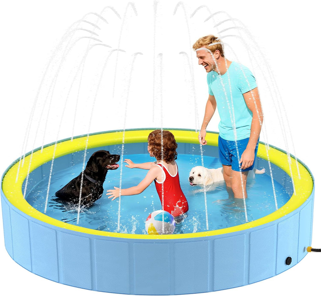 Foldable Dog Pool with Sprinkler for Large Dogs, Portable Hard Plastic PVC Pet Bathing Tub, Outdoor Collapsible Swimming Pool for Pets, 120'' X 20''