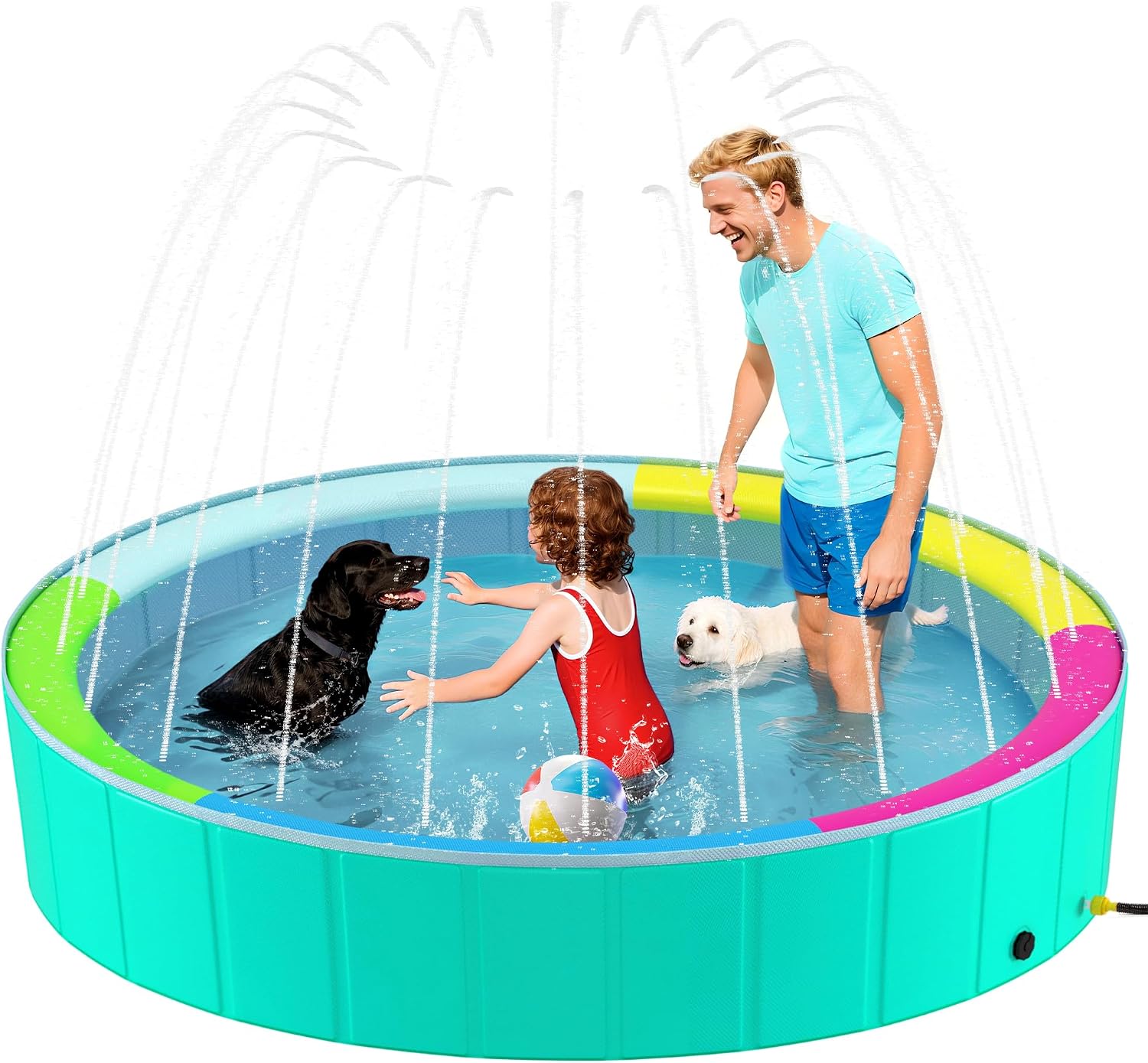 Foldable Dog Pool with Sprinkler for Large Dogs, Portable Hard Plastic PVC Pet Bathing Tub, Outdoor Collapsible Swimming Pool for Pets, 120'' X 20''