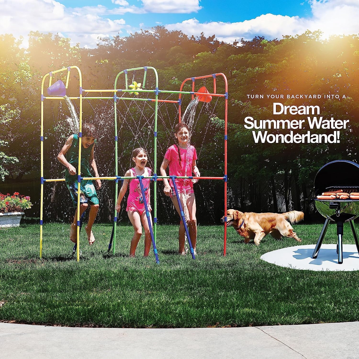 Backyard Waterpark Sprinkler 77" Water Toy for Kids, Outdoor Fun Water Play with Dump Buckets for a Family Splash Wheel Water Toys for Backyard