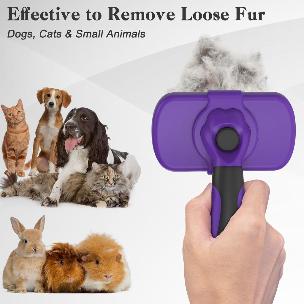 Self Cleaning Slicker Brush for Dogs & Cats, Skin Friendly Pet Grooming for Shedding, Deshedding, and Hair Removal - Puppy Brush for Long Haired Pets, Pet Supplies, Purple