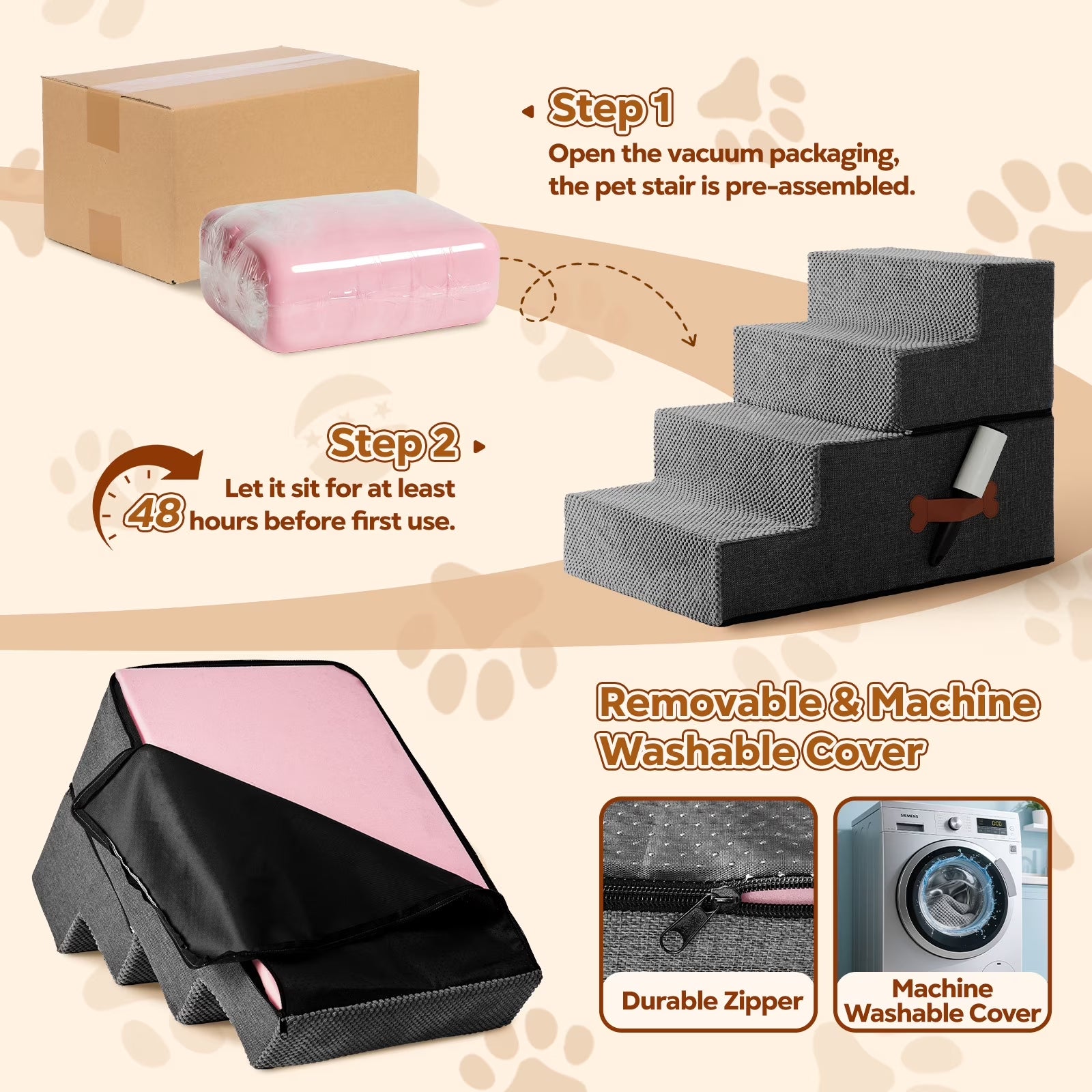 Dog Stairs for Bed 18" H, 4-Step Dog Steps for Small Dogs and Cats, Indoor Non-Slip Balanced Pet Stairs Suitable for Puppy,Grey