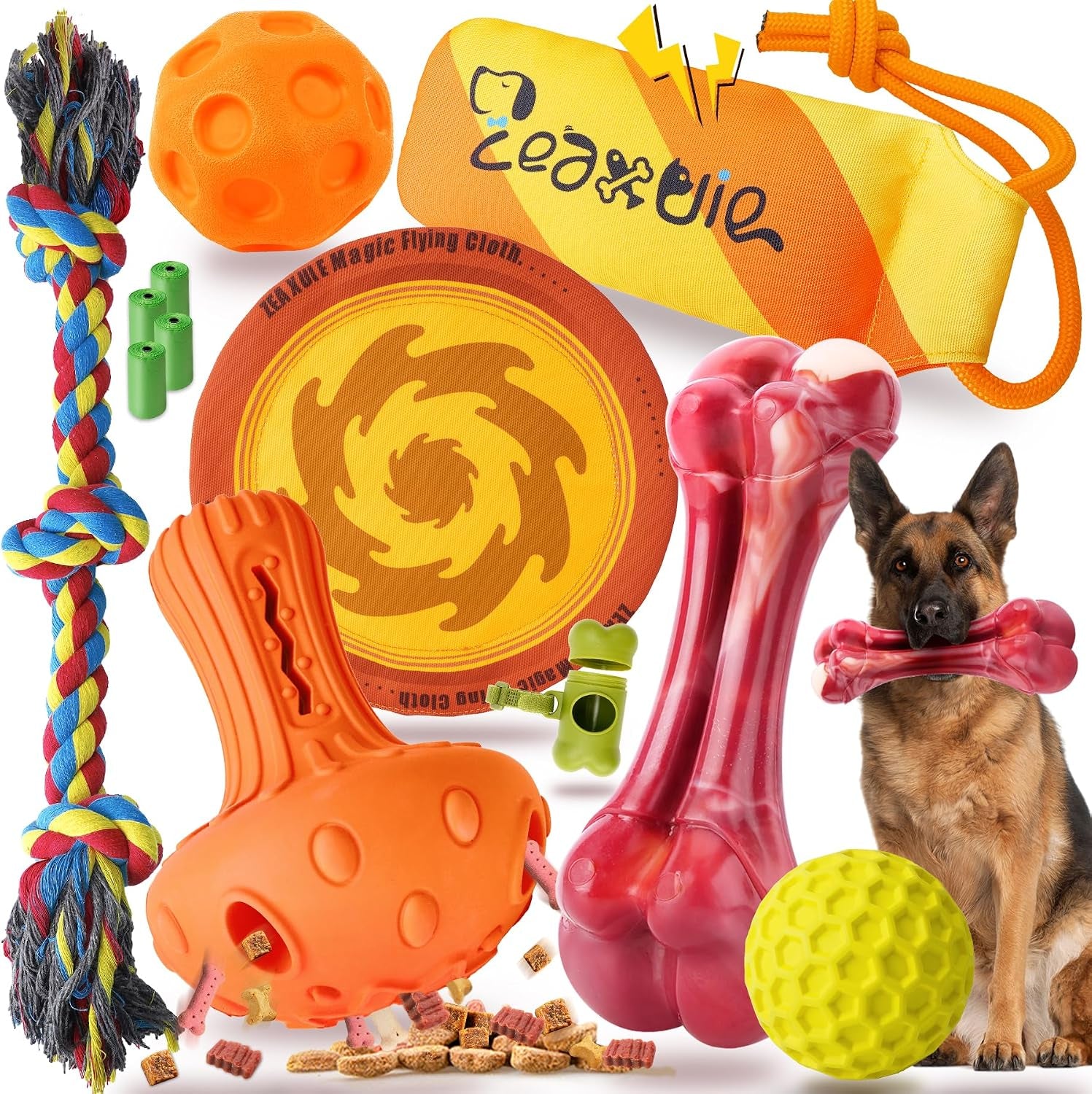 12 Pack Heavy Duty Various Dog Chew Toys Pack for Aggressive Chewers - Includes Large Rope Toys, Squeaky Toys & Indestructible Chew Bone for Medium, Large & X-Large Dogs (For Powerful Chewers)