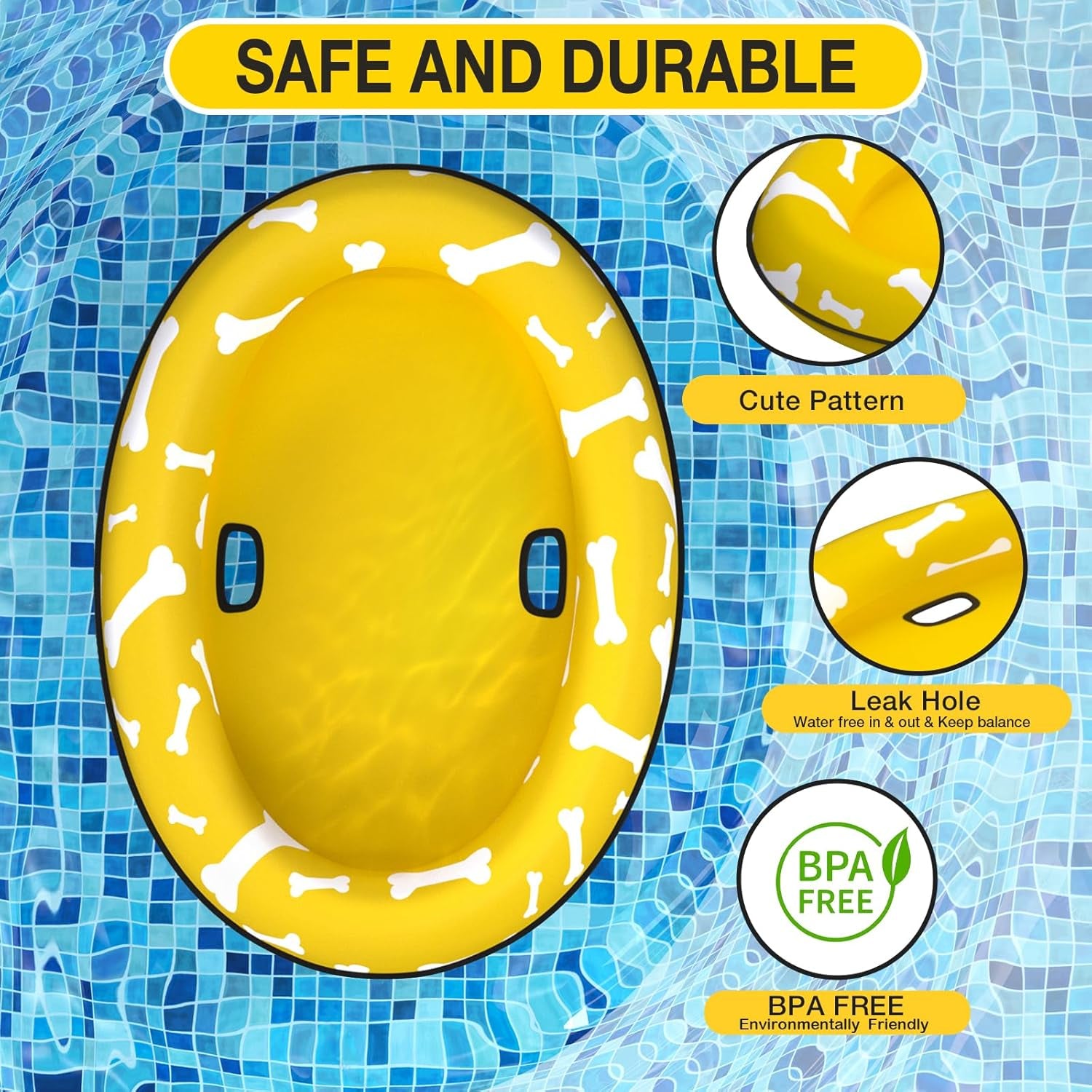 Dog Float Raft - Inflatable Dog Swimming Float for Summer (Small, Yellow Bones)