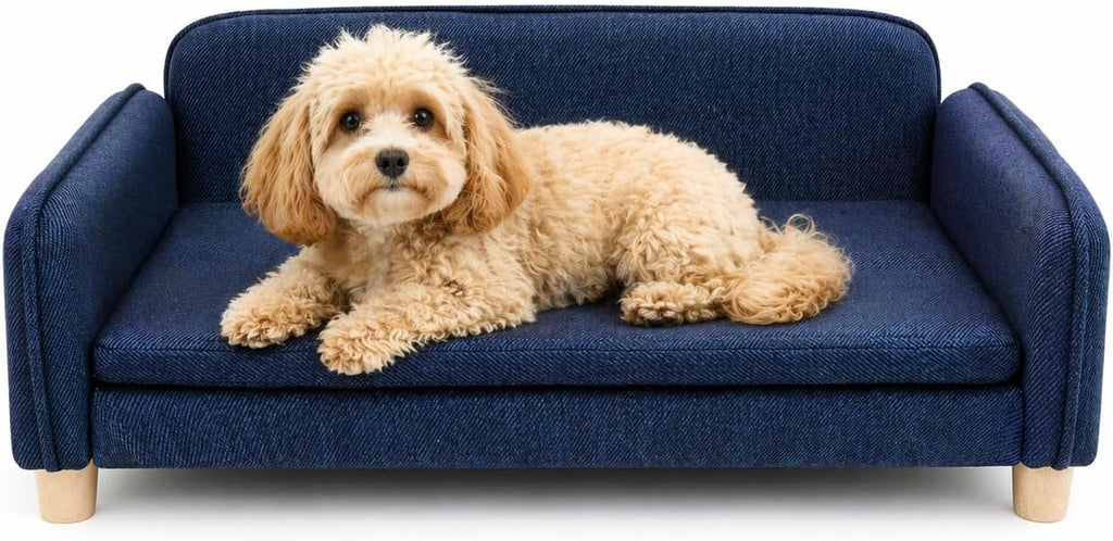 Dog Couch Bed for Small to Medium Dogs, Orthopedic Bolster Dog Sofa Bed with Removable Washable Cover, Elevated Pet Couch with Armrests, Navy Blue