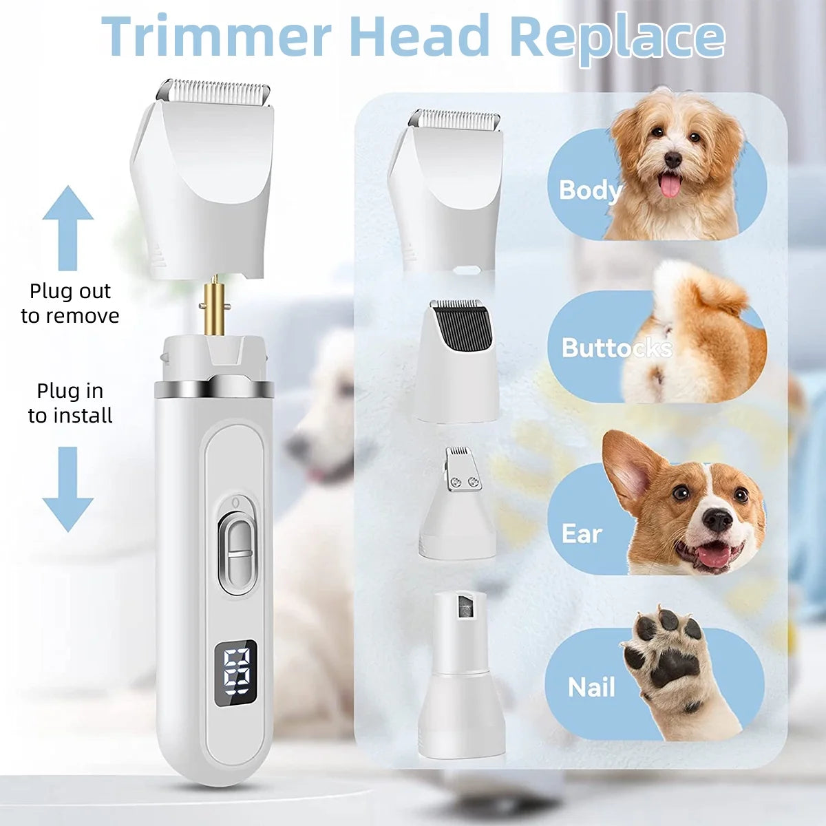 4 in 1 Dog Clippers for Grooming Paw Trimmer, Rechargeable Dog Grooming Clipper Kit Nail Grinder, Cordless Pet Cat Trimmer Shavers for Small & Large Dogs Cats Pets with Thick Coats
