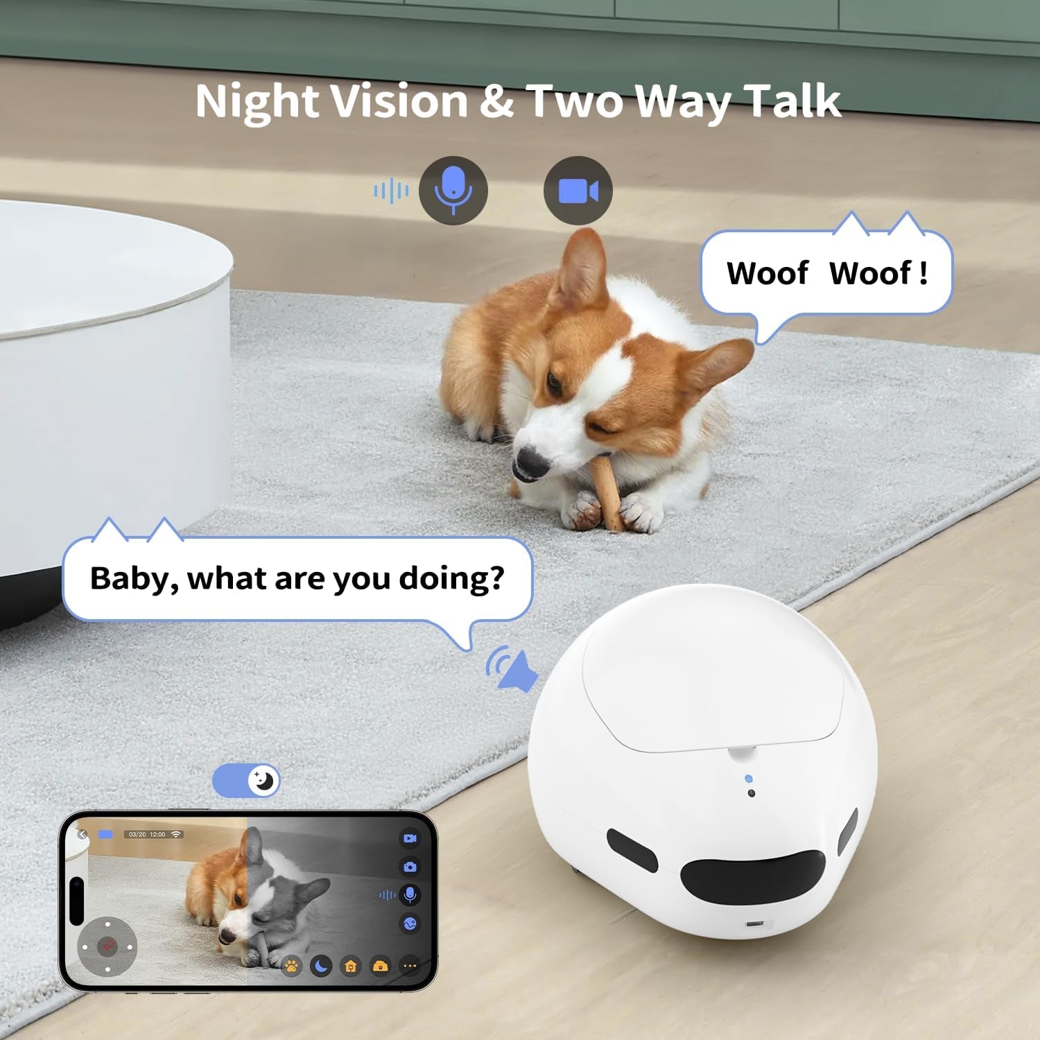 Pet Camera Robot with Treat Dispenser, Moving Cat Camera for Cats & Dogs, Remote Control Pet Monitor with 1080P HD Video, Two-Way Audio, Night Vision, Laser Toy, Auto Recharge & App Control