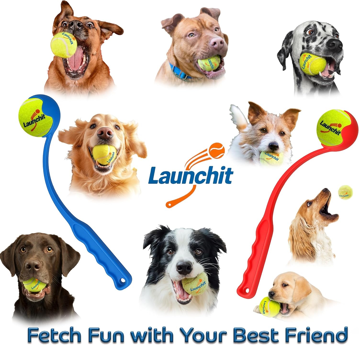 Dog Ball Launcher, Tennis Ball Thrower, Compact Design 13.8" Stick with Medium 2.5" Ball (Blue)
