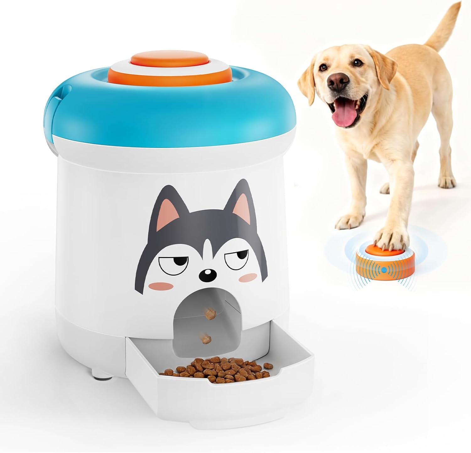 Interactive Dog Treat Dispenser Toy with Remote Button, Dog Puzzle Feeder & Slow Feeder for Bored Dogs, Mental Stimulation Reward Training Toy with 8 DIY Stickers