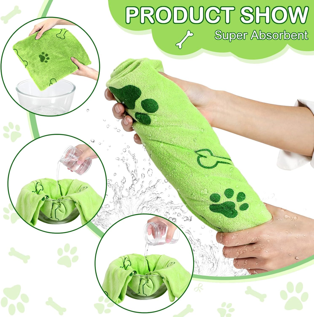 Green towel with paw prints being used and shown in different stages of absorption.
