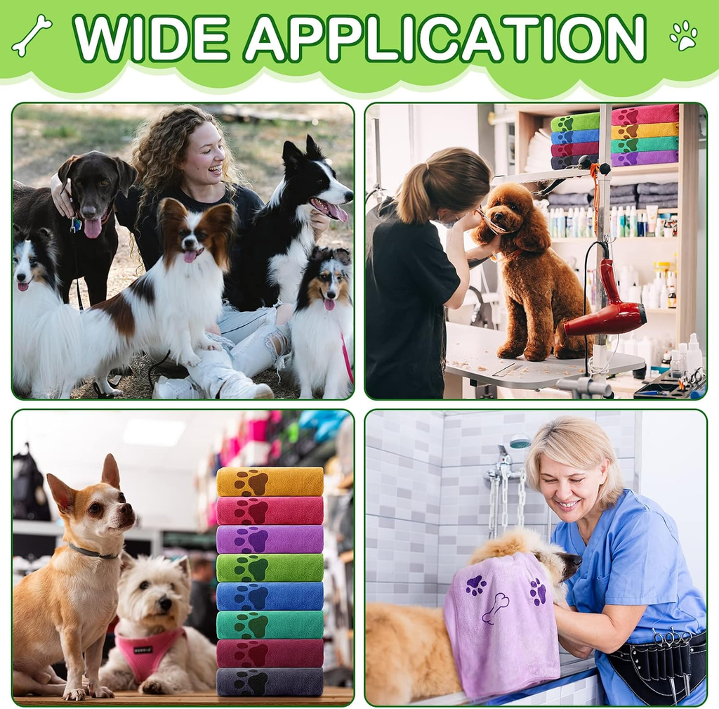 Collage of images showing people with dogs and pet care products, with a focus on 'Wide Application'.