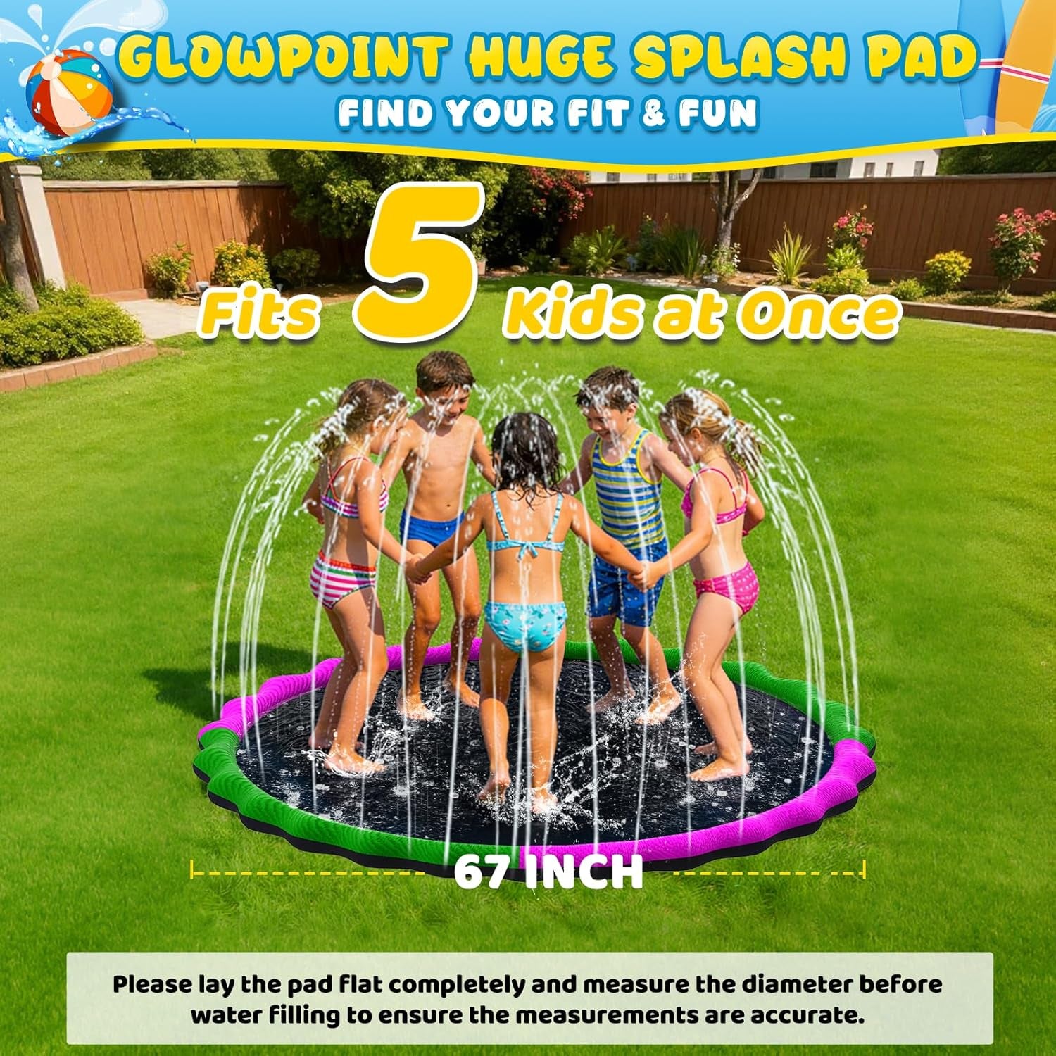 67” Non-Slip Splash Pad for Kids & Dogs, round Outdoor Water Sprinkler Pad, 0.5Mm Thickened Tear-Resistant PVC, Kids Water Toy & Dog Pool for Backyard Summer Fun