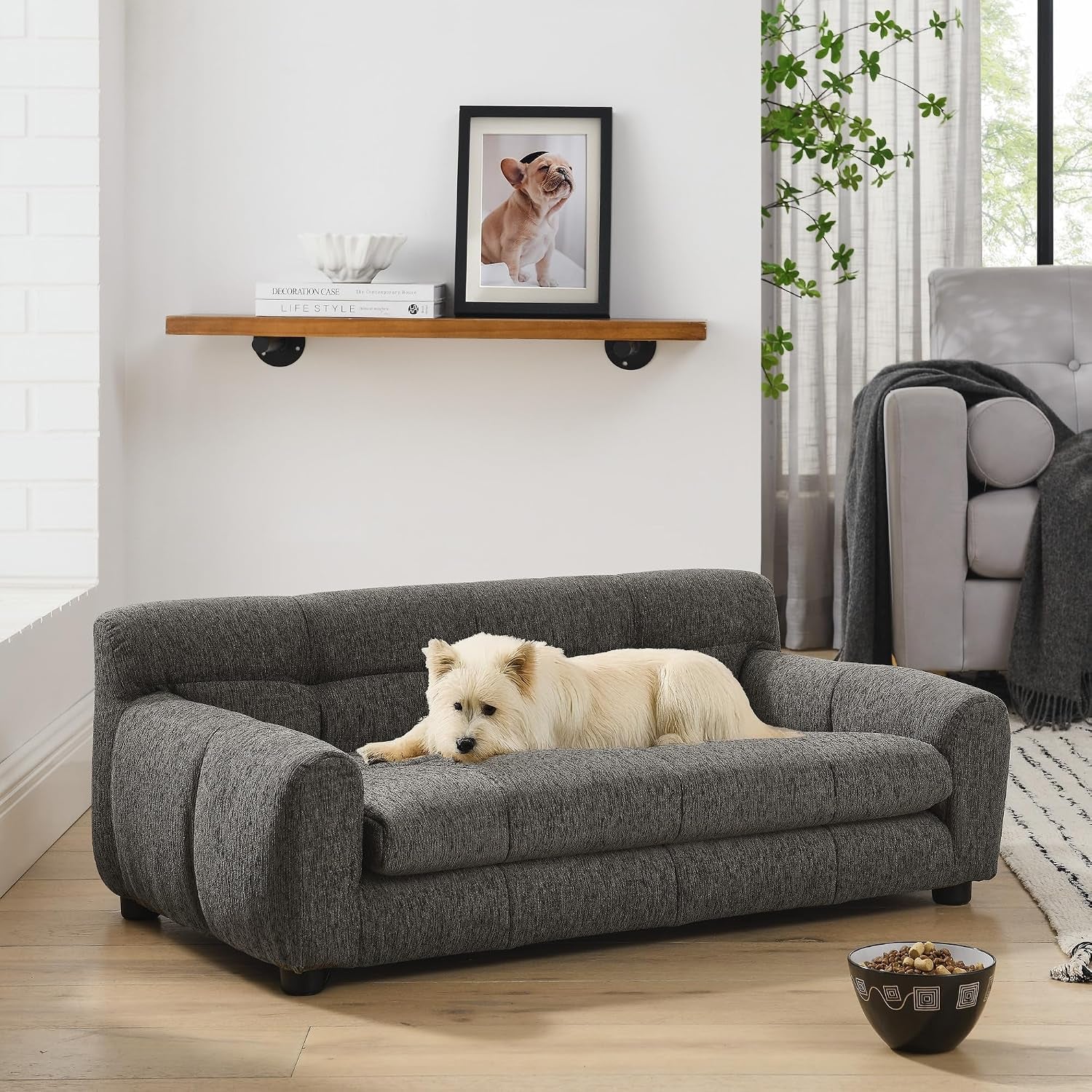 38" Dog Couch, Comfortable Dog Sofa Bed with Backrest and Armrests for Medium and Large Dogs, Linen Cozy Soft Cushion Pet Bed,Dark Gray