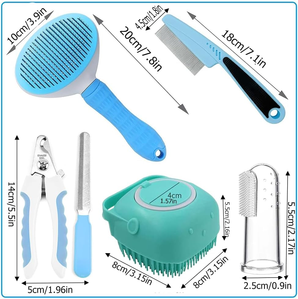 7Pcs Pet Grooming Kit, Self-Cleaning Brush Shedding Kit with Nail Clipper, Flea Comb, Shampoo Bath Brush, Finger Toothbrush, Storage Bag (Blue)