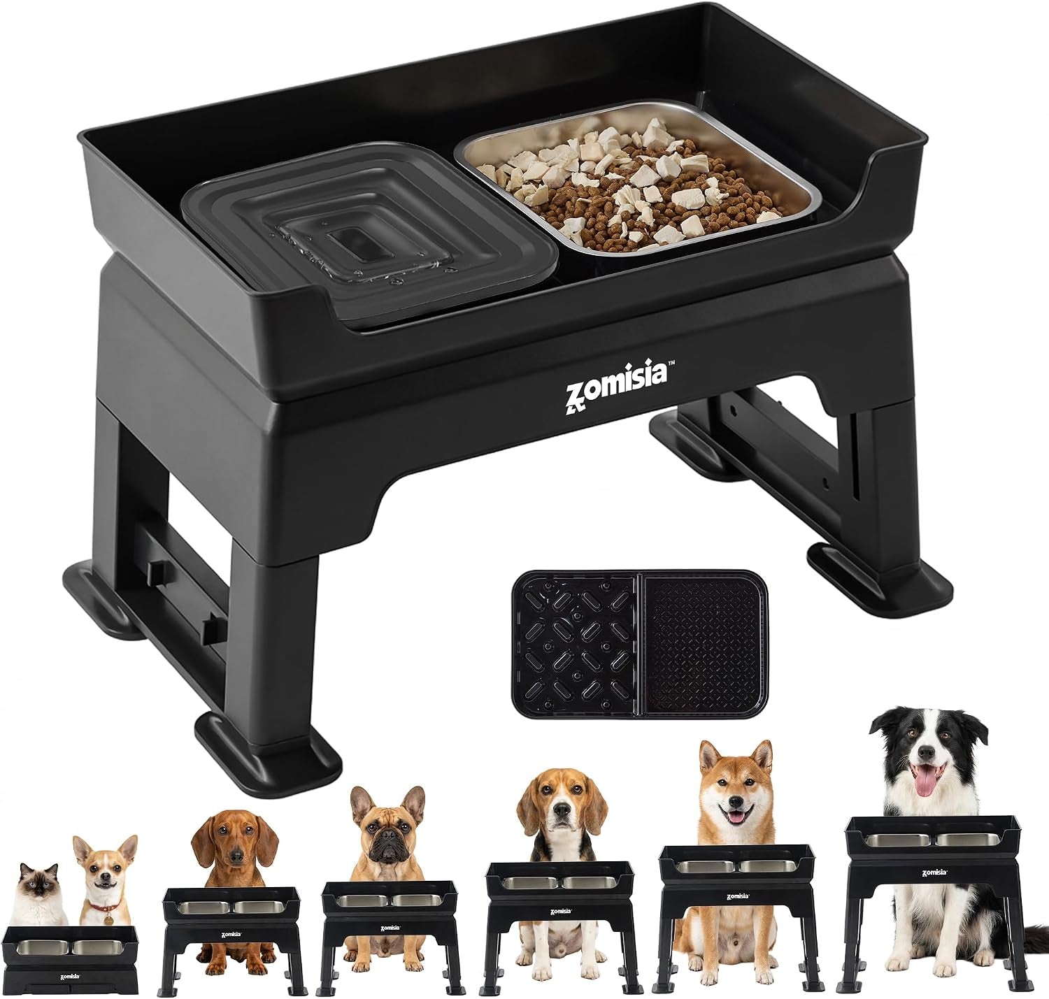 3-In-1 Elevated Dog Bowls - 6 Height Adjustable Raised Dog Bowl Stand, Double Deck Design Mess Proof, Feeding Station with 2 Stainless Steel Bowls & Licking Plate for Small Medium Large Pets
