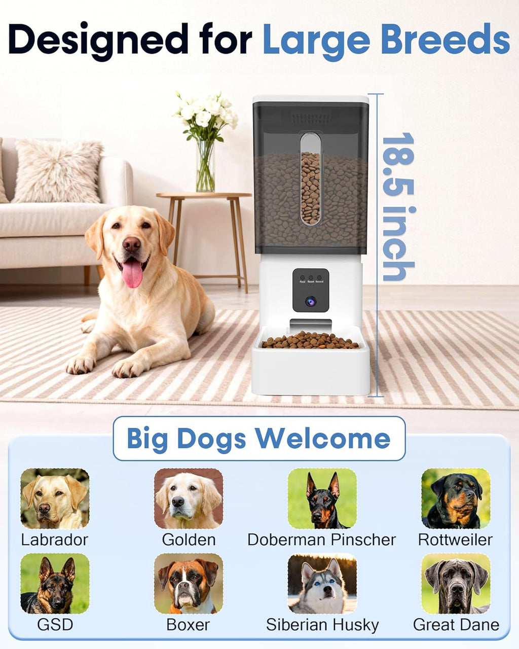12L Large Dog Automatic Feeder with HD 1080P Camera: 50 Cups/20-Day Food Capacity for Travel & Business Trips - Anti-Clog for 2-18Mm Large Kibble