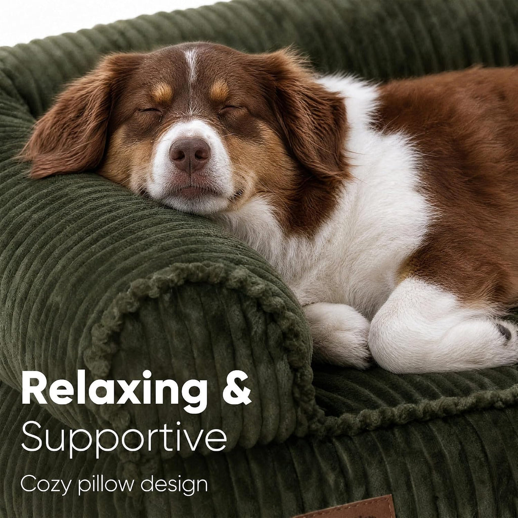 Cute Dog Bed, Thickened Orthopedic Dog Sofa, Waterproof&Washable | 36" Corduroy Dog Couch with 4" Extra-Thick Egg-Crate Foam, Large Pet Bed for Medium to Large Dogs, Green