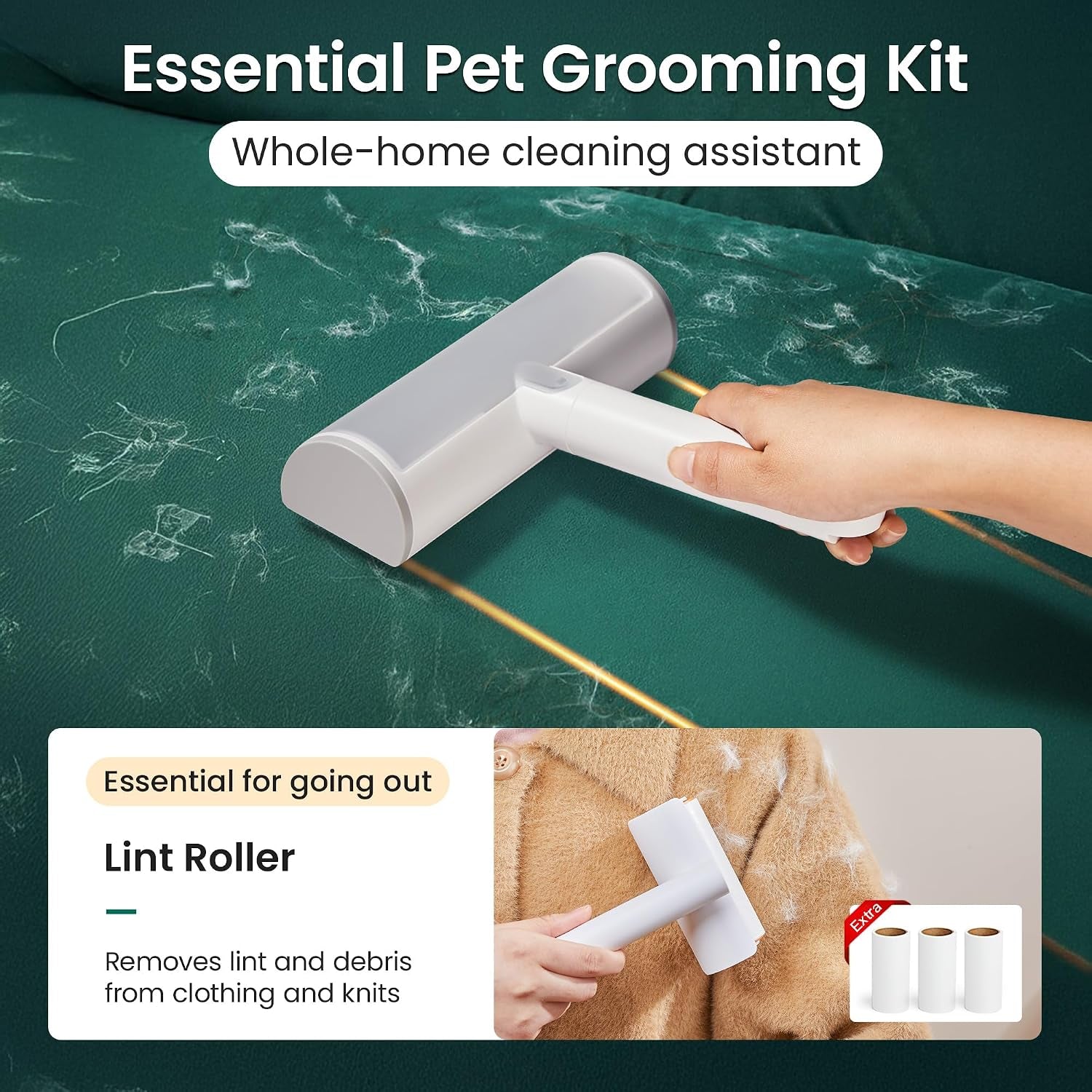 Pet Hair Removal Tool and Lint Roller Value Set, Sticky Lint Remover | Reusable Dog Cat Hair Remover for Pet Hair Removal on Furniture, Couch, Carpet, Clothing, Bright White