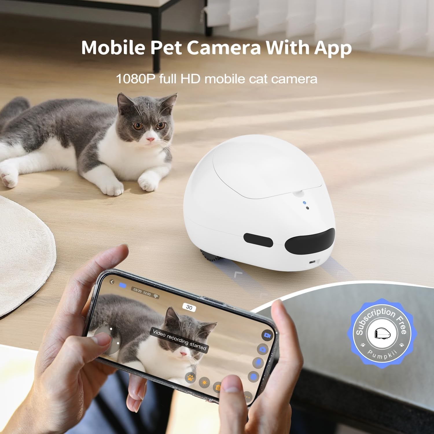 Pet Camera Robot with Treat Dispenser, Moving Cat Camera for Cats & Dogs, Remote Control Pet Monitor with 1080P HD Video, Two-Way Audio, Night Vision, Laser Toy, Auto Recharge & App Control