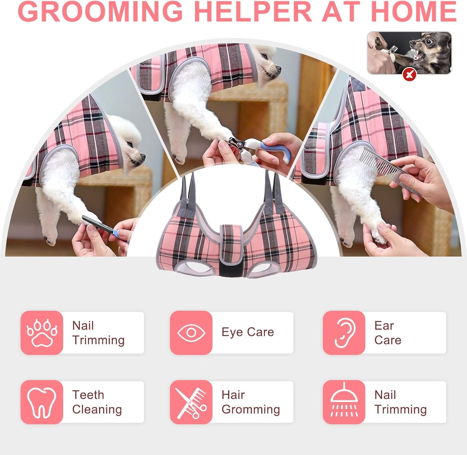 Dog Grooming Hammock for Small Dogs Cat- Dog Sling for Nail Trimming/Clipping- Dog Hanging Harness Holder with Thick Fabric Neck Support & Strap Restraint Claw Care, Pink XS
