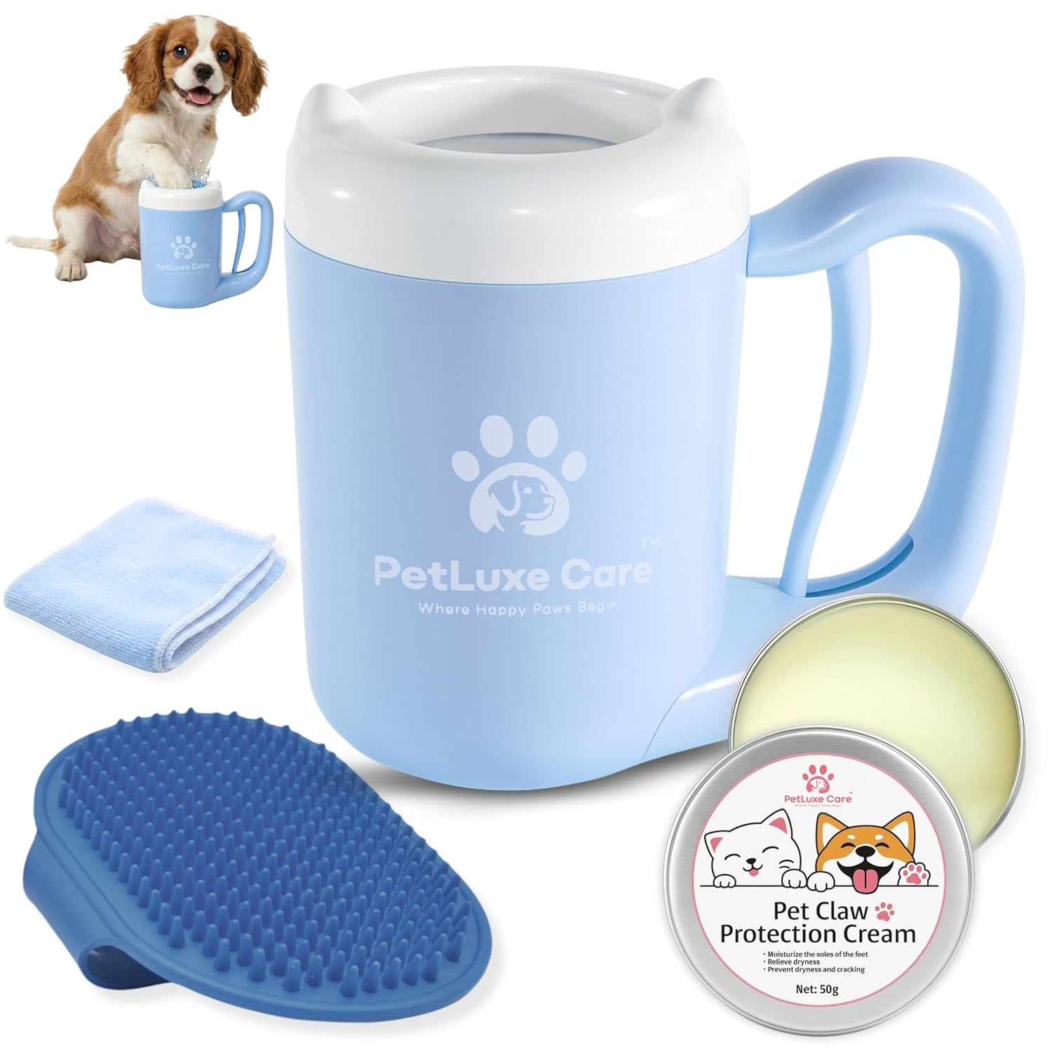 Dog Paw Cleaner, Paw Washer Cup with Soft Silicone Bristles, Portable Dog Foot Washer, 4-In-1 Paw Cleaner Kit with Paw Balm, Microfiber Towel & Grooming Brush (Pink Small)