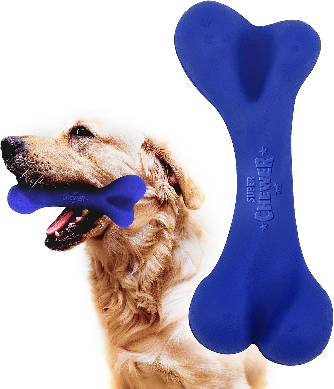 Superchewer Tough Dog Bone Toy | Lifetime Replacement | Strong Natural Rubber | Great Dog Fetch Toy | Chew Toys for Dogs | Ultra Durable Chew Toys for Moderate Chewers | Large Breed Tested