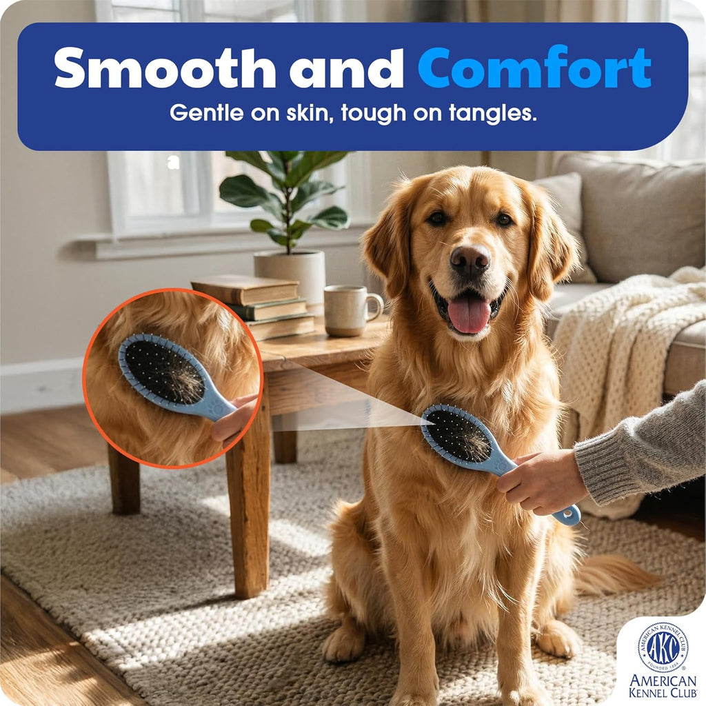 AKC 2-In-1 Grooming Brush for Dogs & Cats, Deshedding & Detangling | Dense Nylon Bristles Remove Loose Hair from Short- and Long-Coat Dogs and Cats of All Breeds.