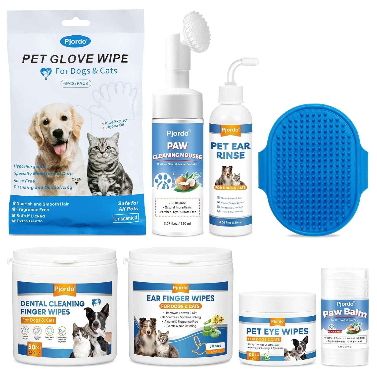 Pet Essential Supplies for Dog & Cat, Cleaning Kit for Whole Body, Pet Wipes Cleaning Deodorizing, Grooming Wipes & Paw Cleaner, Finger Wipes for Teeth, Ear & Eyes, Suitable for Daily Care