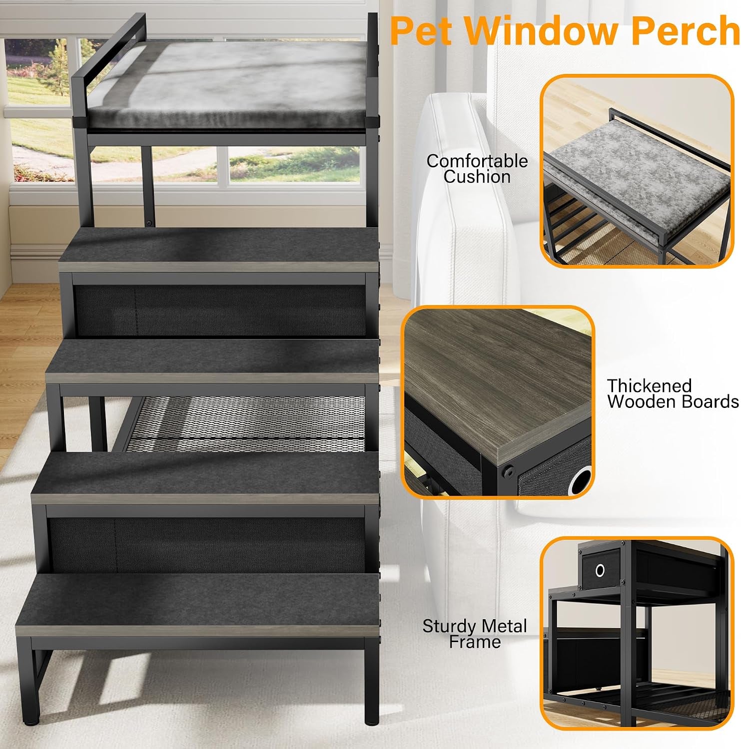 Pet Bunk Bed with Stairs and Storage, Dog Beds Attachment to Human Bed, Bedside Dogs Cot for Small, Medium Cats & Dogs, Pet Window Perch (Grey)