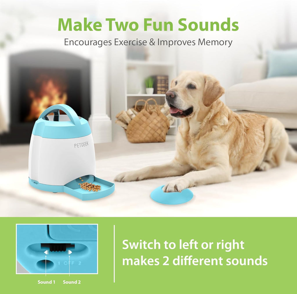 Automatic Dog Treat Dispenser, Interactive Pet Toy Food Dispensing for IQ Training, Dog Food Dispenser with Button Remote Push, Dual Power Supply for Indoor Outdoor Use, Blue