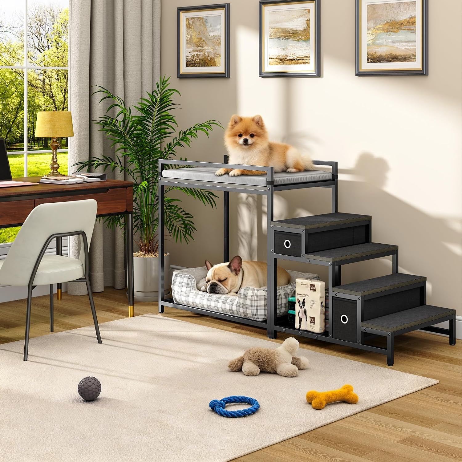Pet Bunk Bed with Stairs and Storage, Dog Beds Attachment to Human Bed, Bedside Dogs Cot for Small, Medium Cats & Dogs, Pet Window Perch (Grey)