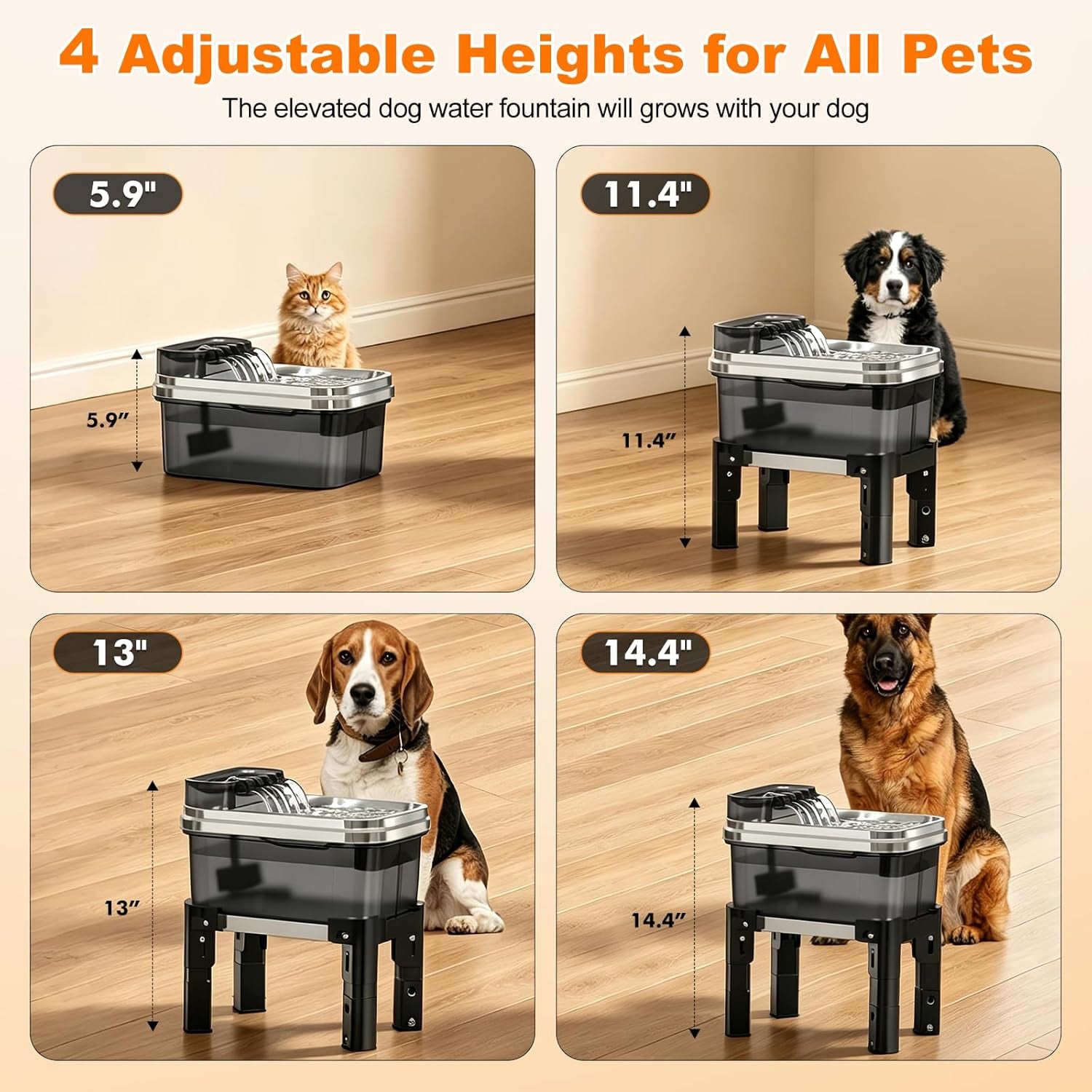 9L Elevated Stainless Steel Dog Water Fountain with Filter | 4-Level Adjustable Indoor Pet Water Fountain with Quiet Pump and No-Spill Design for Small, Medium, and Large Dogs