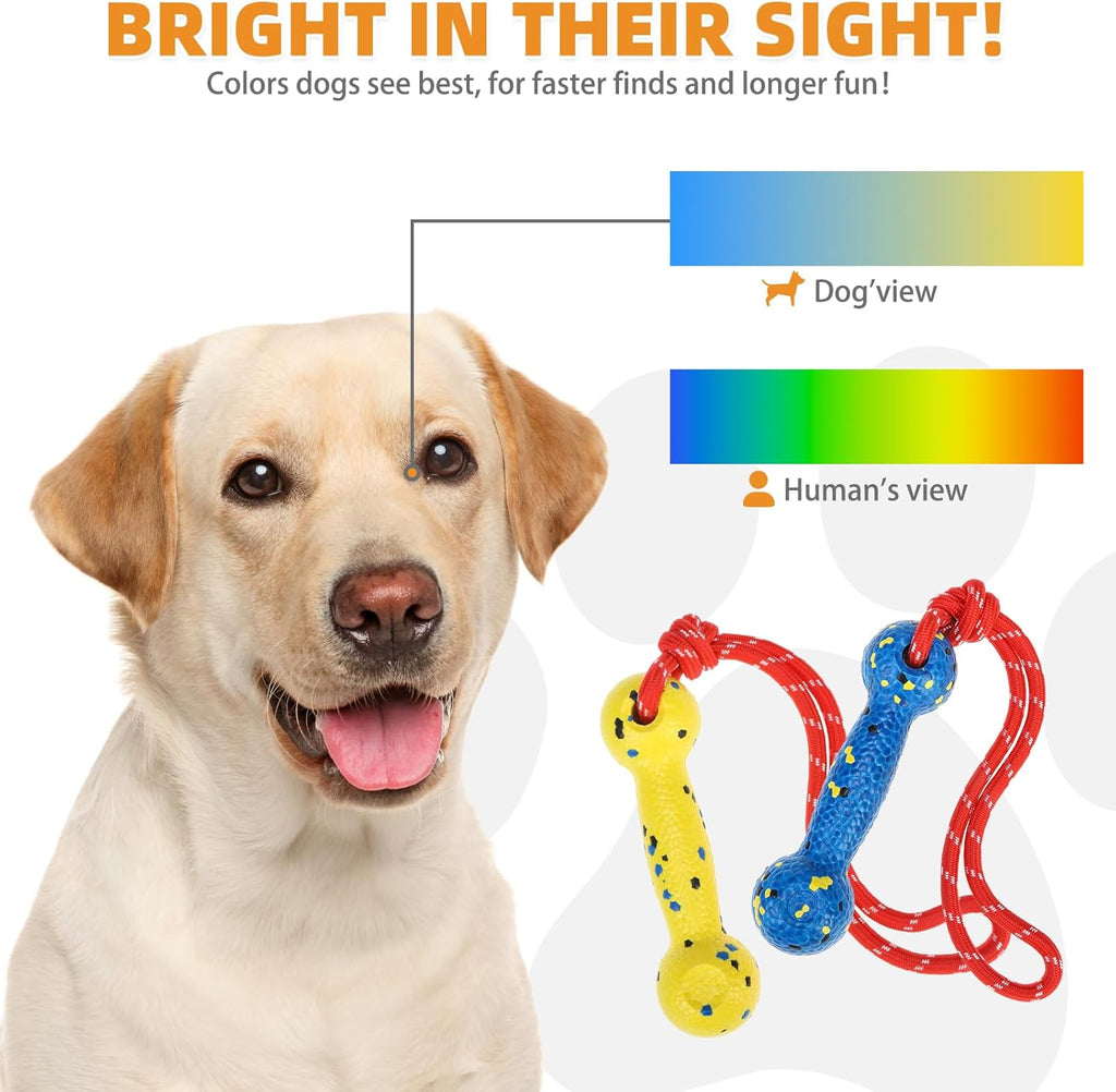 Floating Dog Pool Toys, Tough Interactive Water Fetch Bumpers with Durable Rope for Small Medium Large Dogs, 2 Pack Bright Dog Chew Toys Summer Outdoor Training Teething, Yellow&Blue