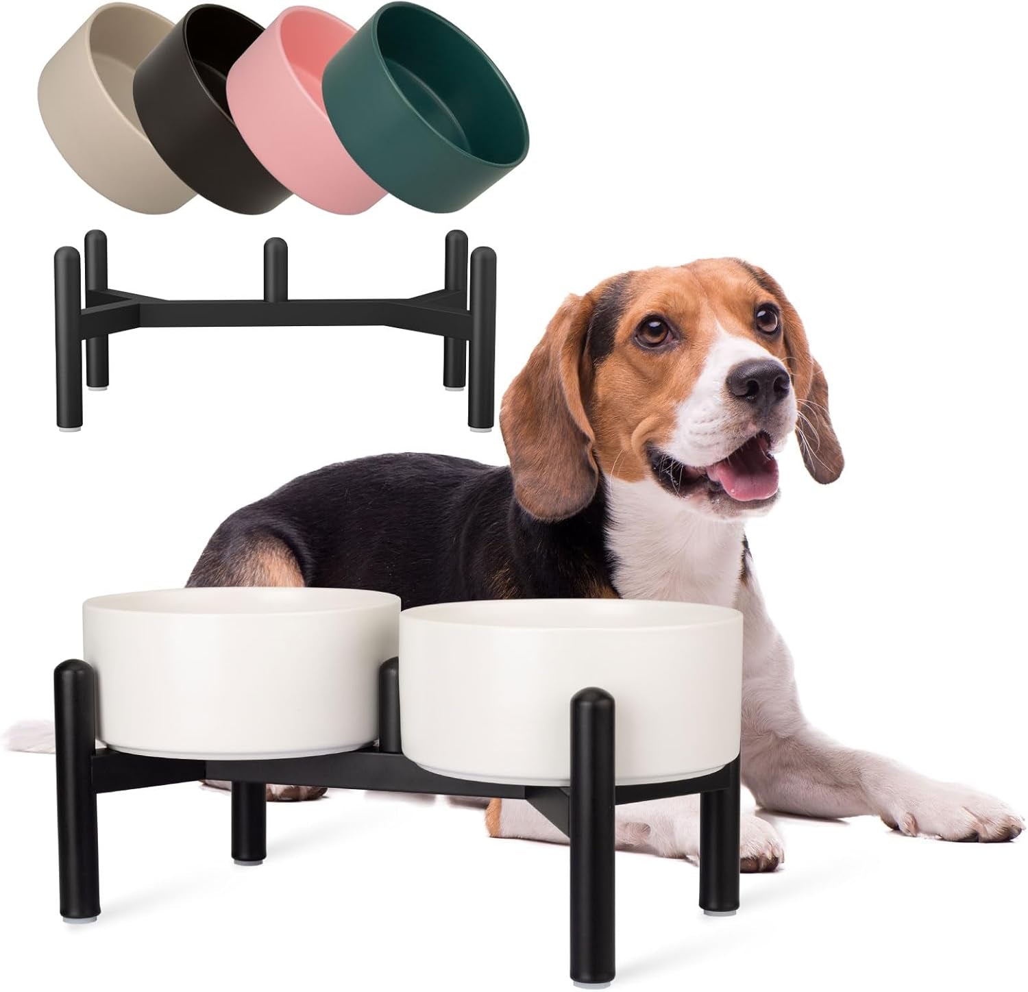Raised Ceramic Dog Bowl Set with Stand, 3.5 Cups Elevated Dog Food Stand | 6.1'' Double Dog Food and Water Bowl Set, Non-Slip Dog Feeding Dishes for Small to Medium Breeds, 29.57 OZ, White
