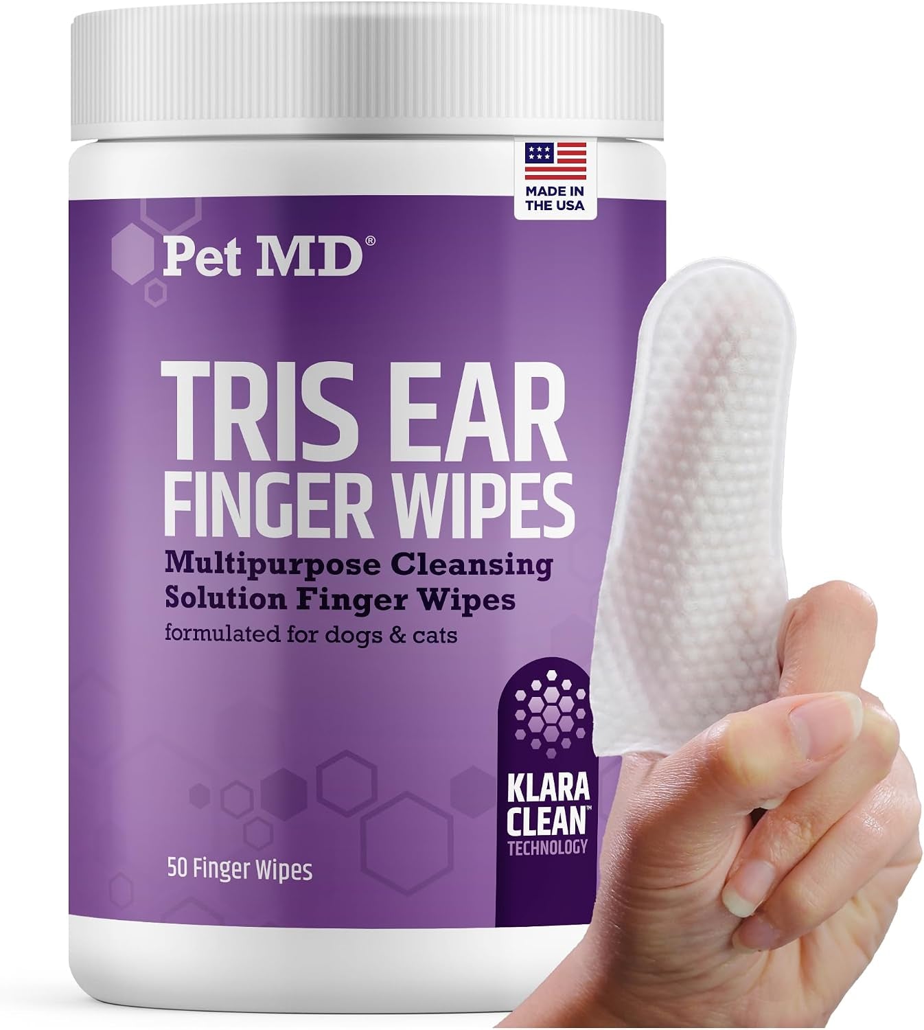 Tris Ear Finger Wipes for Dogs & Cats - 50Ct | Multipurpose Cleansing Solution Cat Ear Wipes & Puppy Ear Cleaner - Pet Safe Cleaner to Clean and Remove Debris