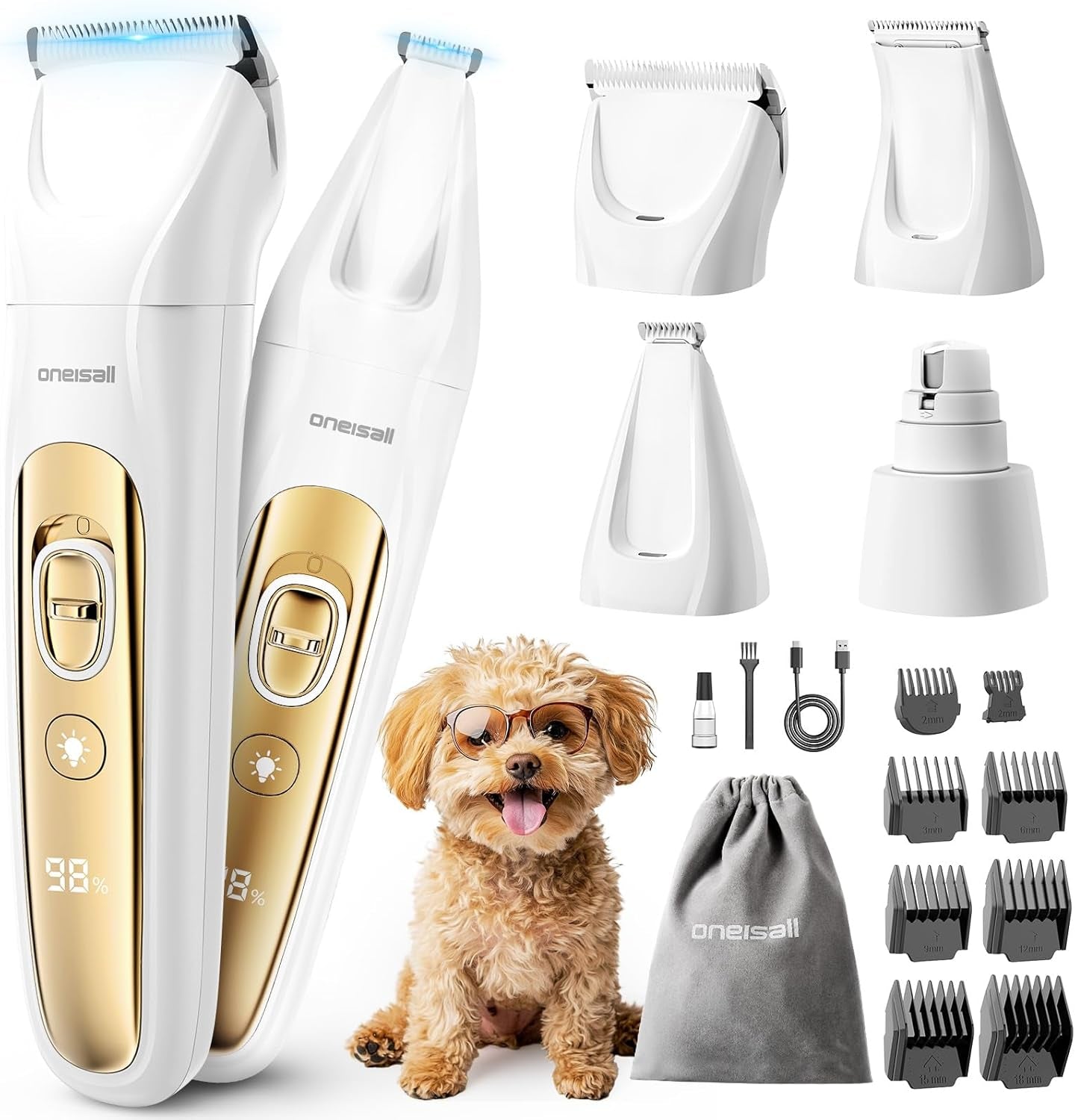 Quiet 4-In-1 Dog Grooming Kit with LED Light | Storage Bag, Clippers & Nail Grinder, Cordless, 3.7 Hrs Runtime, LED Display, Safe for Paw, Nail, Face, Ears, Legs, Body
