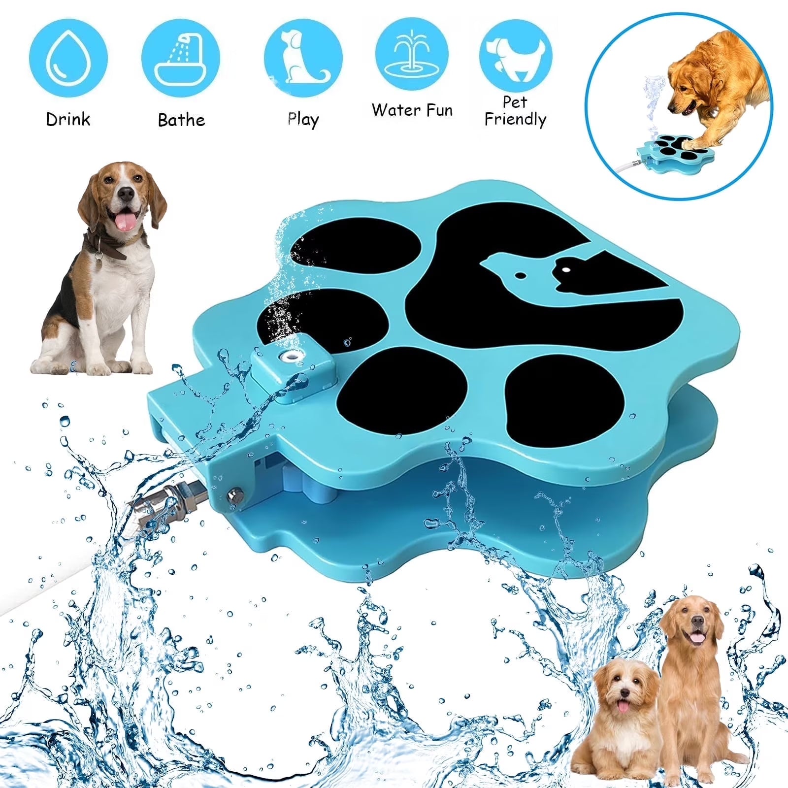 Dog Water Fountain and Sprinkler, Outdoor Pet Dog Step on Water Dispenser with Hose, Multifunctional Paw Activated Drinking Fountain, Garden Sprinkler Toy, Blue