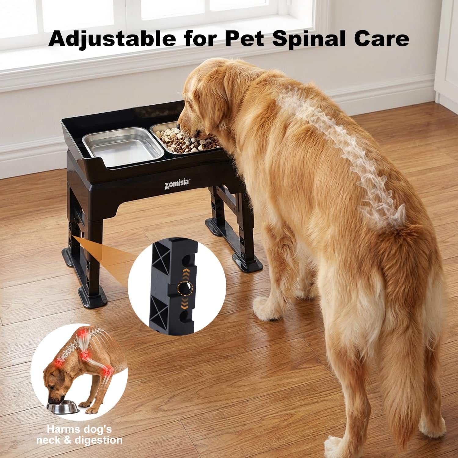 3-In-1 Elevated Dog Bowls - 6 Height Adjustable Raised Dog Bowl Stand, Double Deck Design Mess Proof, Feeding Station with 2 Stainless Steel Bowls & Licking Plate for Small Medium Large Pets