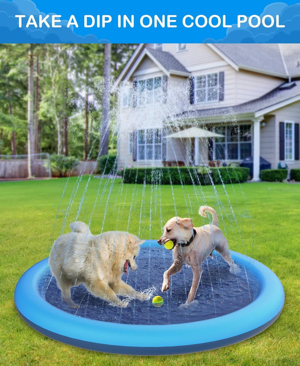 Dog Splash Pad 59" Anti-Slip Dog Pools for Large Dogs 0.58 Mm Thick Dog Sprinkler Water Toy