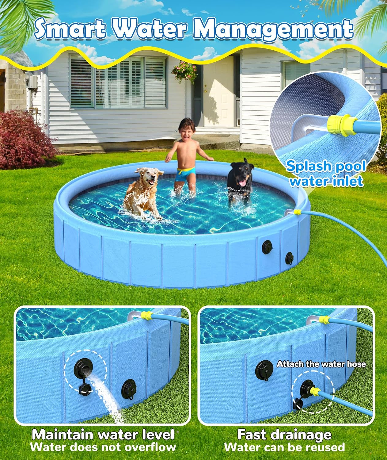 Foldable Dog Pool with Sprinkler, Large Non-Slip PVC Pet Bath, 79 Inch | 2-In-1 Pet Bath and Sprinkler with Non-Slip Base for Dogs and Kids, Ideal for Backyard Cooling, Bathing and Summer Water Play