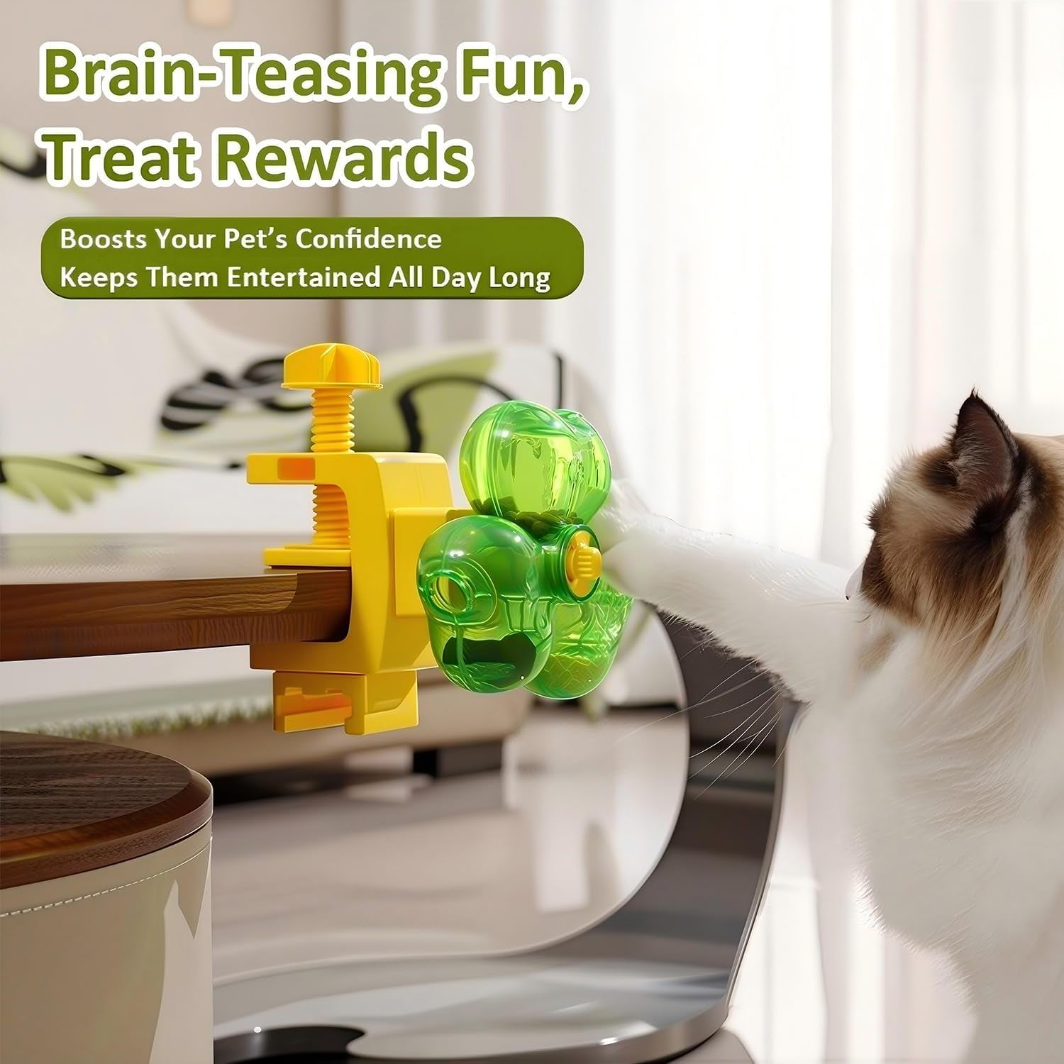Interactive Dog Puzzle Toy, Treat Dispensing Dog Toy with 3-Chamber Design for Dogs & Cats, Space-Saving Clamp-On Food Dispenser for IQ Training & Enrichment, Ideal for Table, Door & Desk