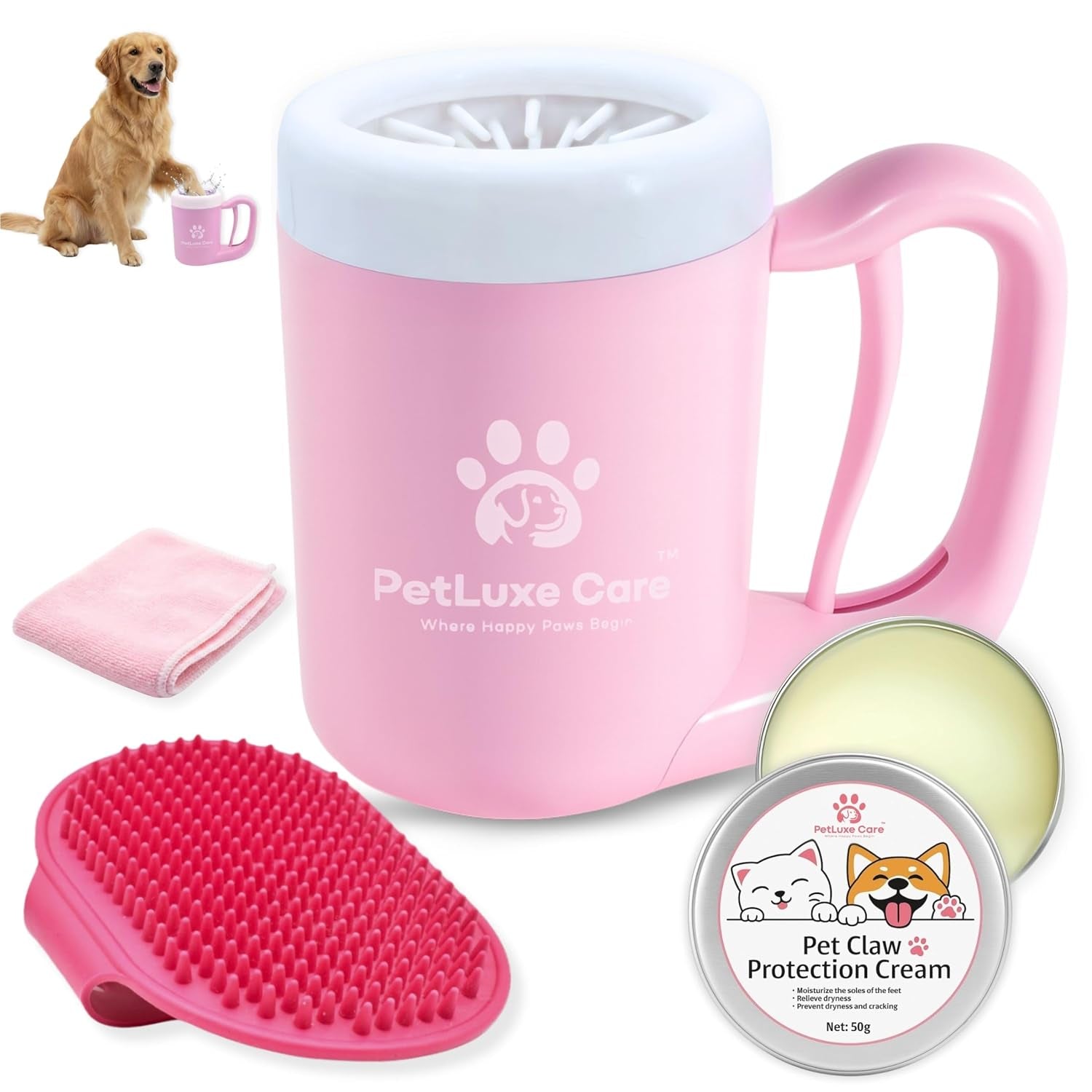 Dog Paw Cleaner, Paw Washer Cup with Soft Silicone Bristles, Portable Dog Foot Washer, 4-In-1 Paw Cleaner Kit with Paw Balm, Microfiber Towel & Grooming Brush (Pink Small)